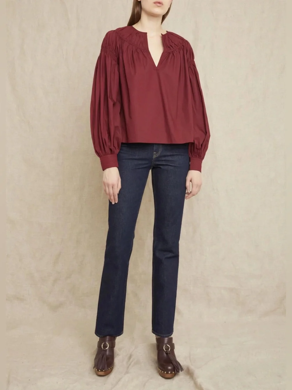 Ulla Johnson Ora blouse Women's Burgundy V-Neck Peasant Blouse Sz 10